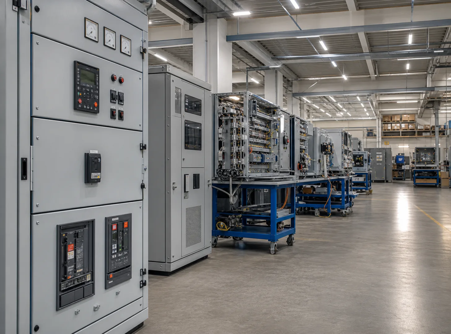 Area di collaudo con quadri elettrici e banchi di prova