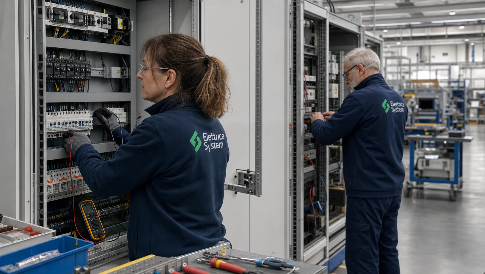 Tecnici Elettrica System impegnati nel controllo di quadri elettrici